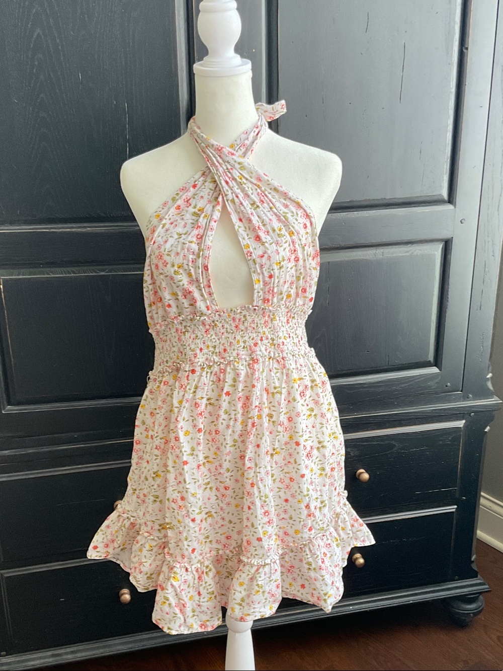 aerie White Floral Halter Mini Dress